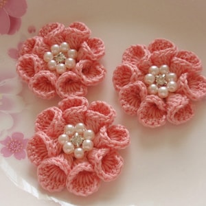 3 Crochet  Flowers With Pearl And Rhinestone In 2 inches YH -312-06