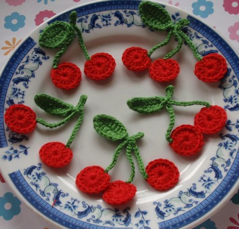 5 Crochet Cherries In Red, Green YH 041-02 image 1