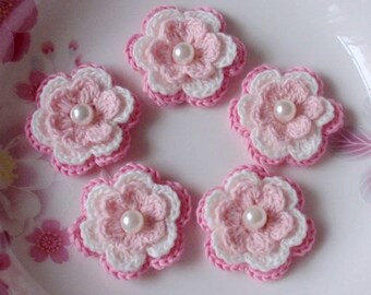 5 Crochet Flowers In Lt Pink, White, Pink  YH-031-06