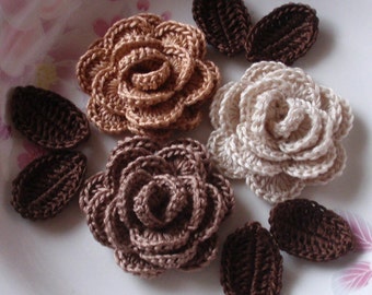 3 Crochet  Roses With Leaves YH - 065-12