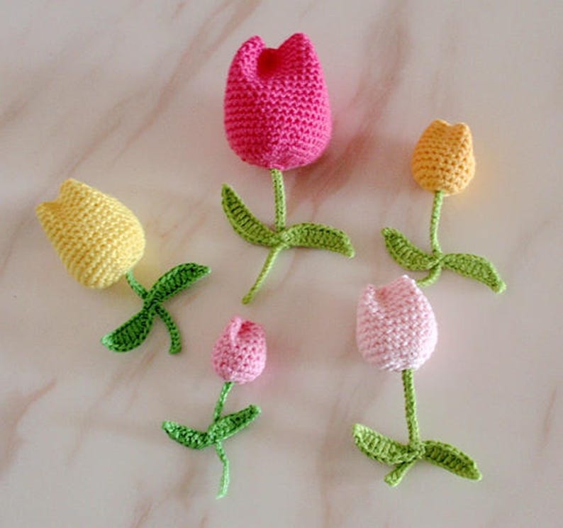 5 3D Crochet Flowers Crochet Tulips With Leave Applique YH238 Etsy