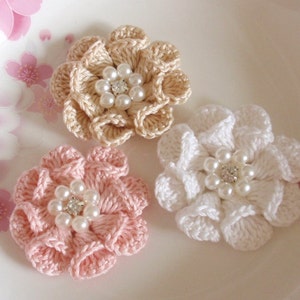 3 Crochet  Flowers With Pearl And Rhinestone In 2 inches YH -312