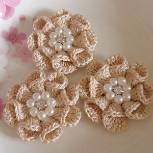 3 Crochet  Flowers With Pearl And Rhinestone In 2 inches YH -312-03