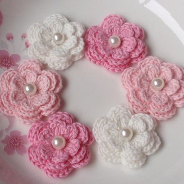 6 Crochet Flowers With Pearls In Off White, Lt pink, Pink, YH-013-02