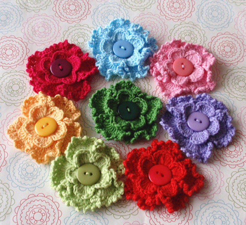 8 Crochet Flowers With Button In Multicolor YH-146-01 image 1