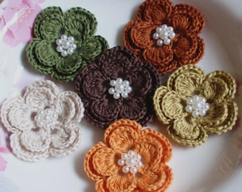 6 Crochet Flowers In  Cream, Moss, Copper, Brown, Dijon, Oragan  YH-160-08