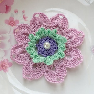 Crochet Flower in 3-1/4 inches With Pearl In Lt Orchid Mint Lavender  YH - 254-12