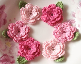 6 Crochet Flowers With Leaves In Lt pink, Pink, Hot Pink YH-014-08