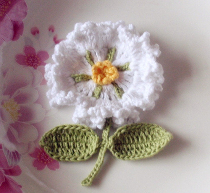 Crochet Flower With Leaves in White Yellow Muted Green YH 092 01 Etsy