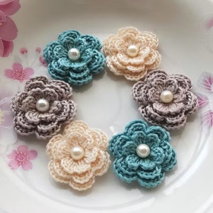 6 Crochet Flowers With Pearls In Cream,  Carmandy, Nile Blue  HY-003