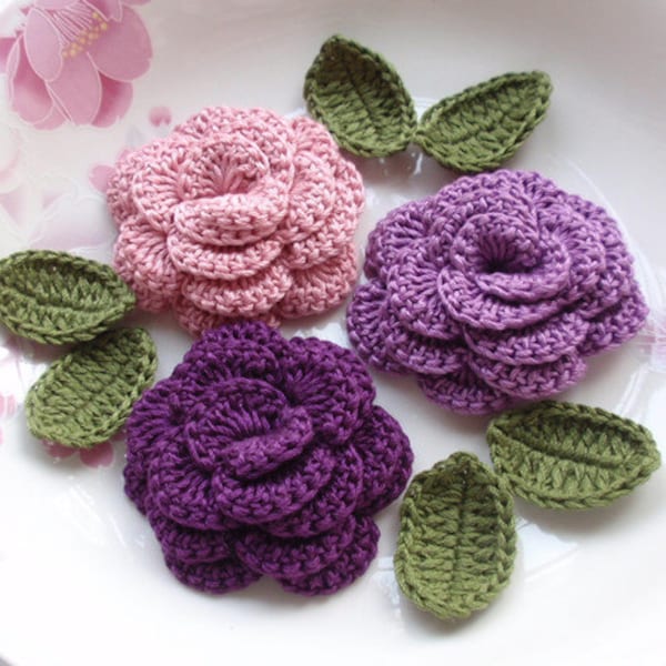 3 Crochet  Flowers (Roses) With Leaves YH - 153-02