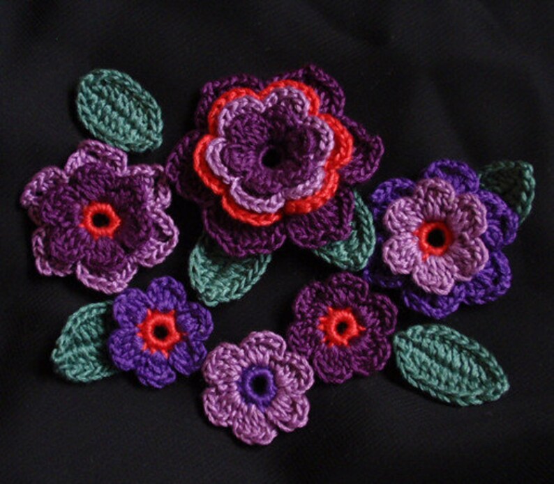 Crochet Flowers With Leaves In Puurple Dark orange Plum | Etsy