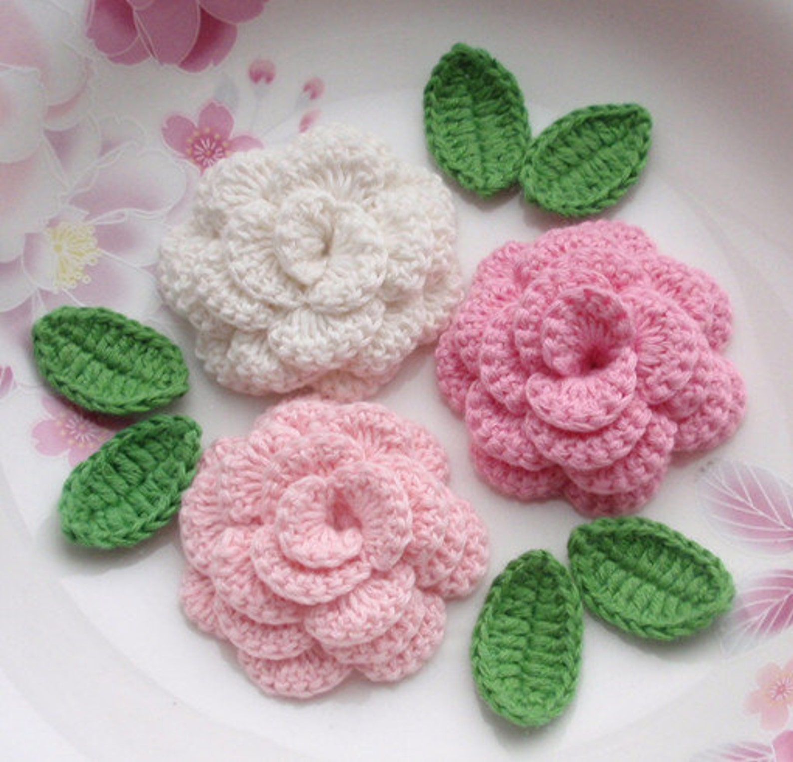 3 Crochet Flowers roses With Leaves YH 14208 Etsy