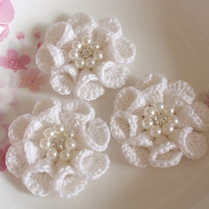 3 Crochet  Flowers With Pearl And Rhinestone In 2 inches YH -312-02