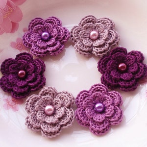 6 Crochet Flowers With Pearls In Lilac mist, Purple, Plum YH-013-40