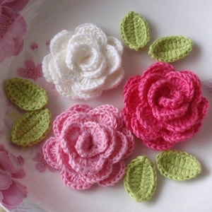 3 Crochet  Roses With Leaves YH - 138-10