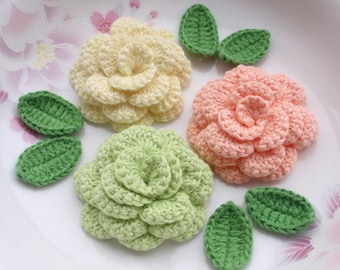 3 Crochet  Flowers (Roses) With Leaves YH - 142-09