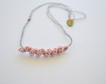 Pink elegant necklace, long necklace, minimalist simple jewelry, boho jewelry, eco friendly, crochet pendant necklace, linen jewelry