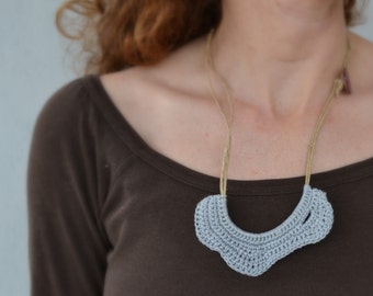 Eco friendly tribal statement necklace- grey crochet necklace- assymetric necklace, organic form jewelry