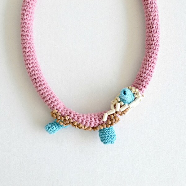 Pink Statement Necklace, alternative jewelry- Crochet Tube Necklace, Βoho Chic, Eco friendly Jewelry