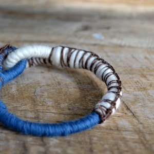 Textile bangle bracelet, fiber jewelry, primitive rope bracelet in blue and white image 5