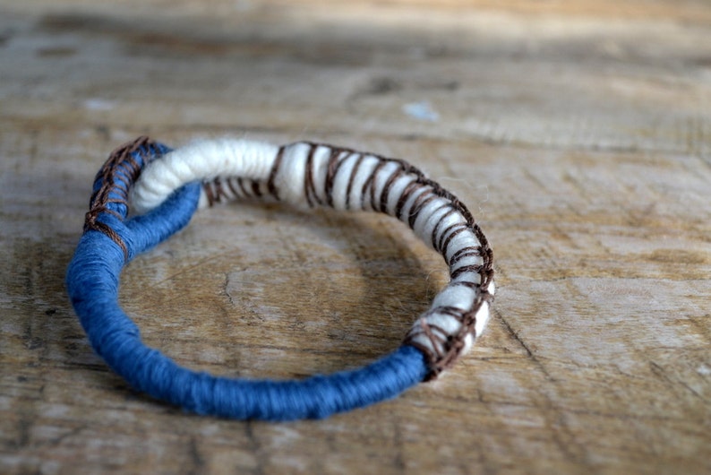 Textile bangle bracelet, fiber jewelry, primitive rope bracelet in blue and white image 5