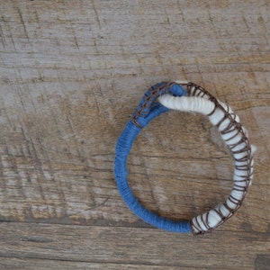 Textile bangle bracelet, fiber jewelry, primitive rope bracelet in blue and white image 2