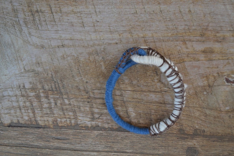 Textile bangle bracelet, fiber jewelry, primitive rope bracelet in blue and white image 2