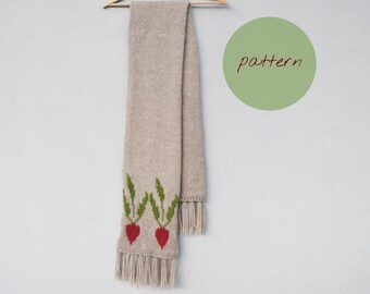 Radish knitting scarf pattern, double faced scarf, easy colorwork knitting pattern, knit scarf tutorial, vegetables scarf