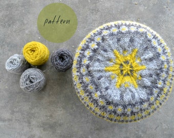 Fair isle knitting beanie pattern - hat pattern - stranded colourwork hat pattern - knitted hat grey and yellow