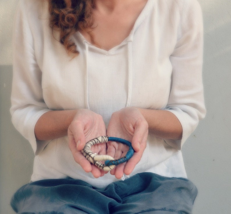 Textile bangle bracelet, fiber jewelry, primitive rope bracelet in blue and white image 1