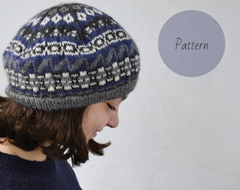 Knit hat pattern, knitting beanie pattern, fair isle beret pattern, knitted hat in blue and grey tutorial, december nights pattern