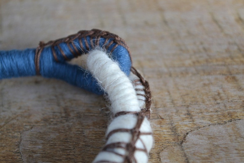 Textile bangle bracelet, fiber jewelry, primitive rope bracelet in blue and white image 3