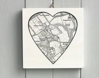 Customised Heart Map Artwork, Printed On Whitewashed Birch Plywood