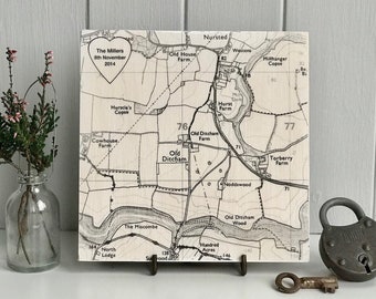 Custom Map Art with a Personalised Heart Printed on Whitewashed Birch Plywood