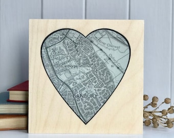 Personalised Blue Heart Map Wooden Artwork For 5th Wedding