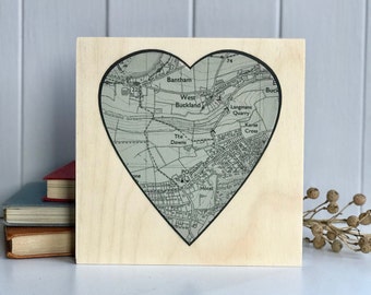 Personalised Green Heart Map Wooden Artwork For 5th Wedding