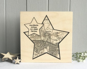 New Baby Birth Place Star Map, Natural Wooden Artwork