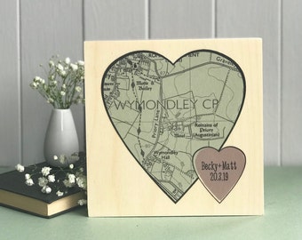 Personalised Map Artwork Printed On Wood with Green / Pink Heart