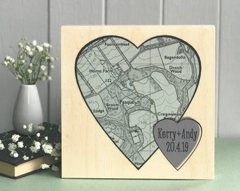 Personalised Map Artwork Printed On Wood with Blue / Mauve Heart