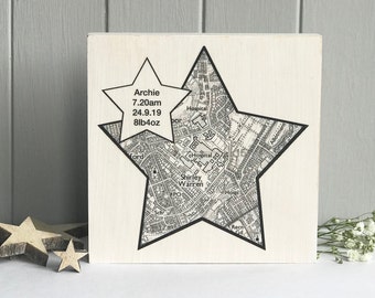 New Baby Birth Place Star Map, Whitewashed Wooden Artwork