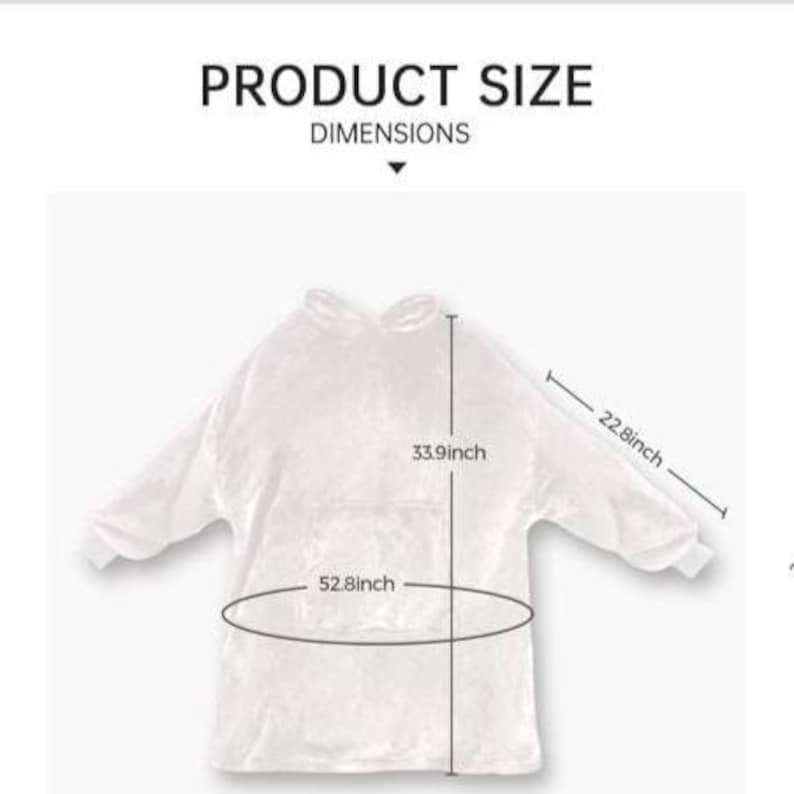 Puede incluir: Manta con capucha blanca con dimensiones. La manta mide 86 cm de altura, 134 cm de ancho y 58 cm para la longitud de la manga. El texto "PRODUCT SIZE" y "DIMENSIONS" est&aacute; en la parte superior.