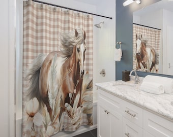 Rideau de douche à carreaux vichy beige cheval rustique