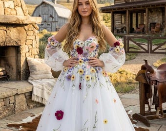 Boho Floral Embroidered Dress Boho Colorful Flower Bridal Gown Detachable, A-Line Tulle Country Wedding Dress, Rustic Evening Bridal Gown