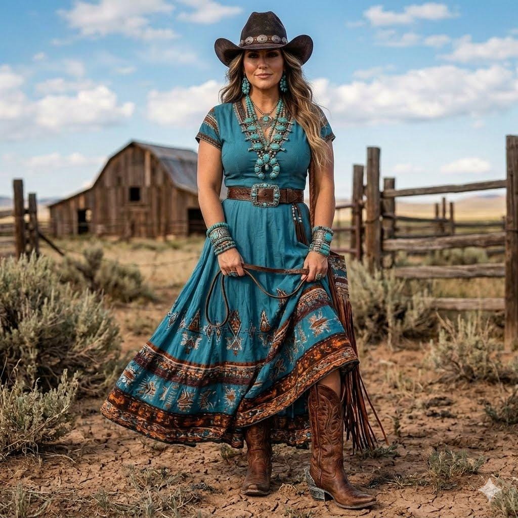 bohemian cowgirl dress S / White Women's Western Boho Lace V-neck Midi Dress DY507534