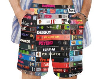 Bañador estilo VHS de terror, shorts de películas retro, shorts de baño de Halloween, shorts de hombre estilo cinta VHS vintage, ropa de playa unisex de verano, regalo S-5XL