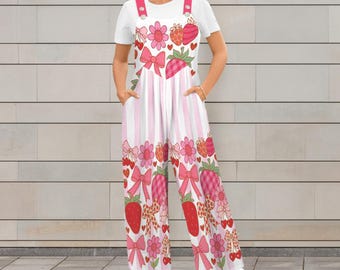 Strawberry Floral Pink Striped Overalls – Whimsical Cottagecore Outfit