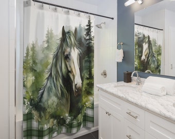 Horse in Green Gingham Plaid Shower Curtain