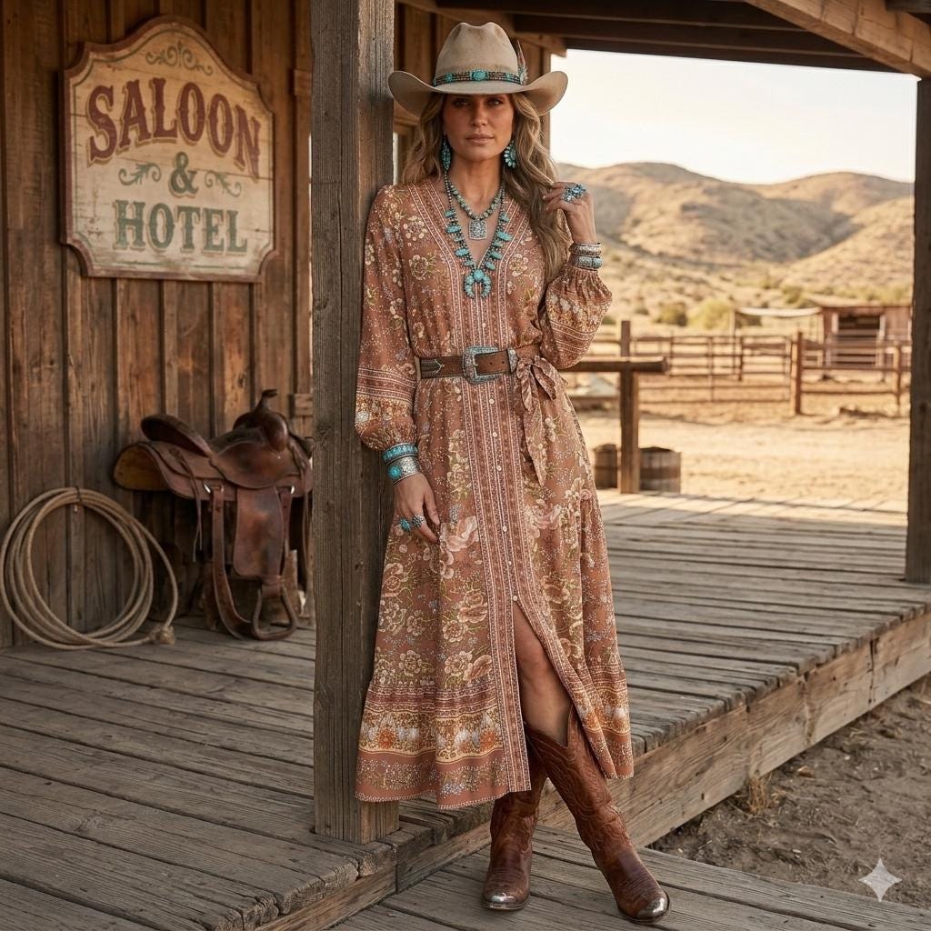 brown dress with cowboy boots A dress + cowboy boots is a combination that never gets old