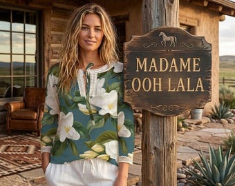 Teal Magnolia Linen Blouse | Romantic Western Chic Lace Top | Luxury Ranch Resort Wear Tunic | Madame Ooh LaLa Country Boho Shirt